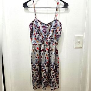 Element TubeTop/Strap Satiny Blue, Red, Brown Leaf Patterned Spring Dress Sz S
